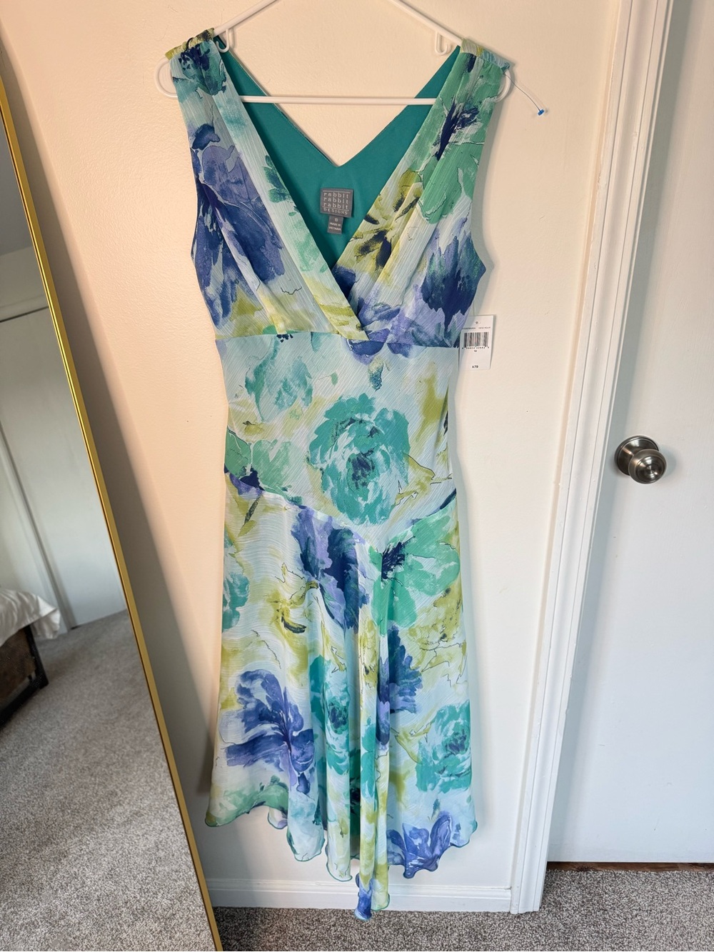 Rabbit Rabbit Rabbit Designs Watercolor Floral Dress NWT 10 New Aqua Midi